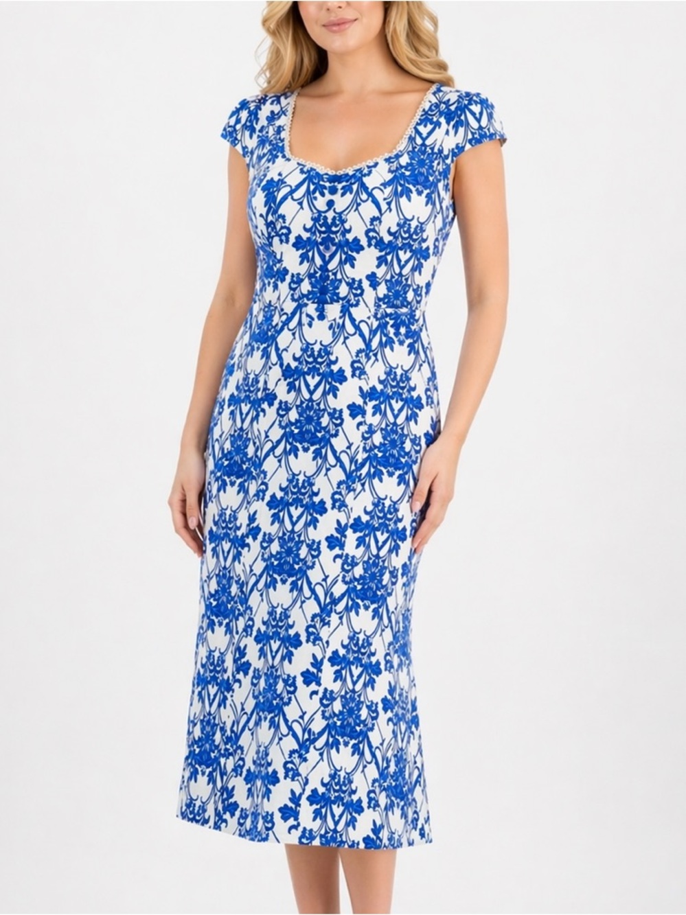 🆕🦋 Anne Klein Blue White Floral Midi Dress Size 10 Fit&Flare Summer Casual Party